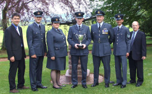 Flt Lt Lumsden, OC 107 (Aberdeen) Squadron (centre), Wg Cmdr Saunders, OC XV Squadron RAF Lossiemouth (3rd from right) and staff of 107 (Aberdeen) Squadron